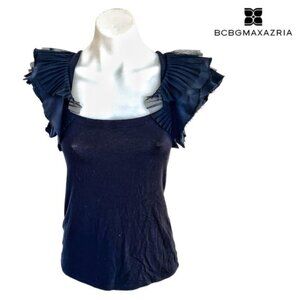 BCBGMAXAZRIA womens size XXS ribbed black tank top with flutter sleeve detail